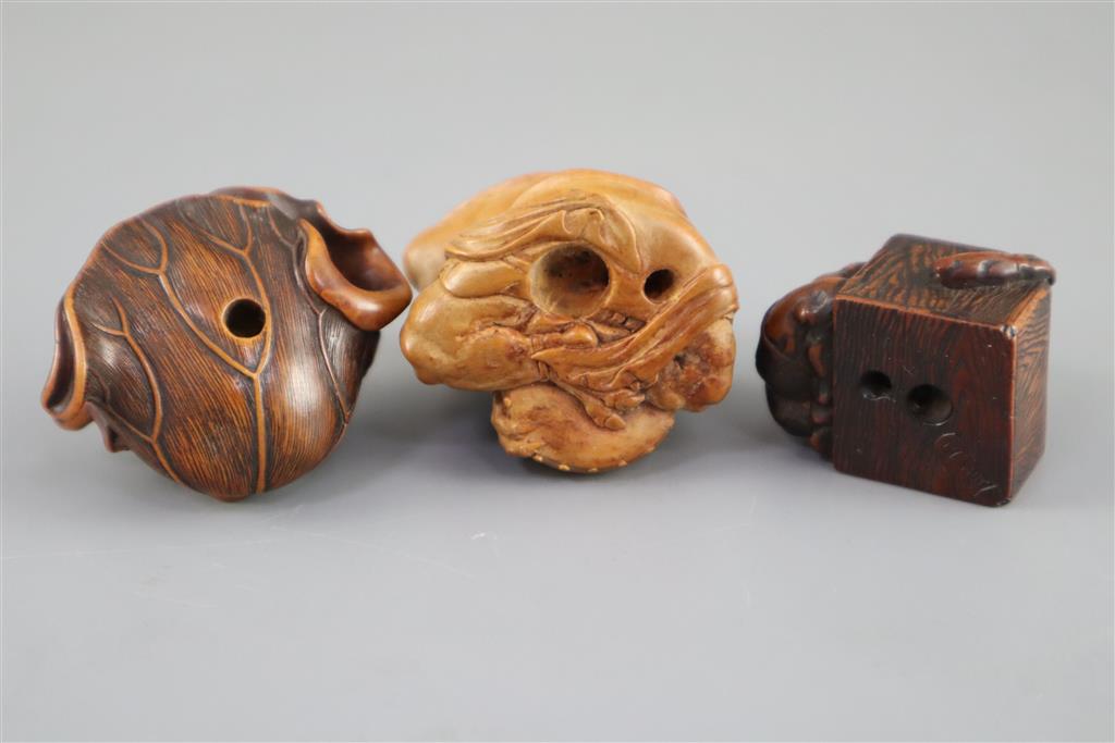 Three Japanese boxwood or cherry netsuke of oni, Meiji period,